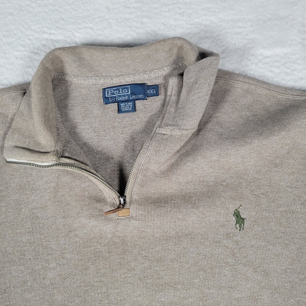 Polo Ralph Lauren Quarter Zip Men XXL Tan Heathered Cotton Pullover Sweater